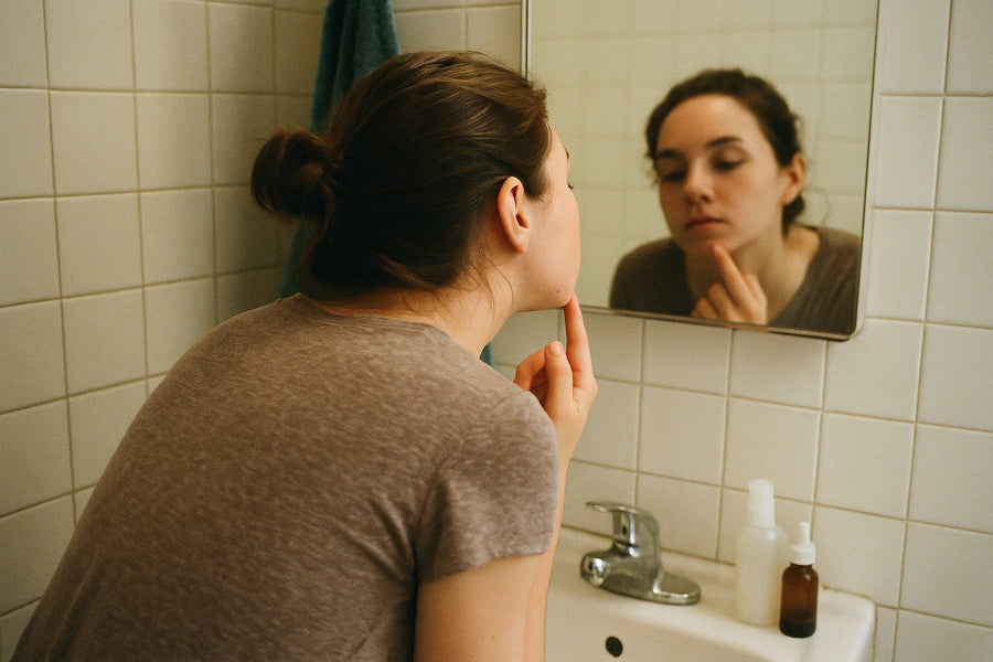 Woman leaning toward a bathroom mirror to look at a breakout on her chin